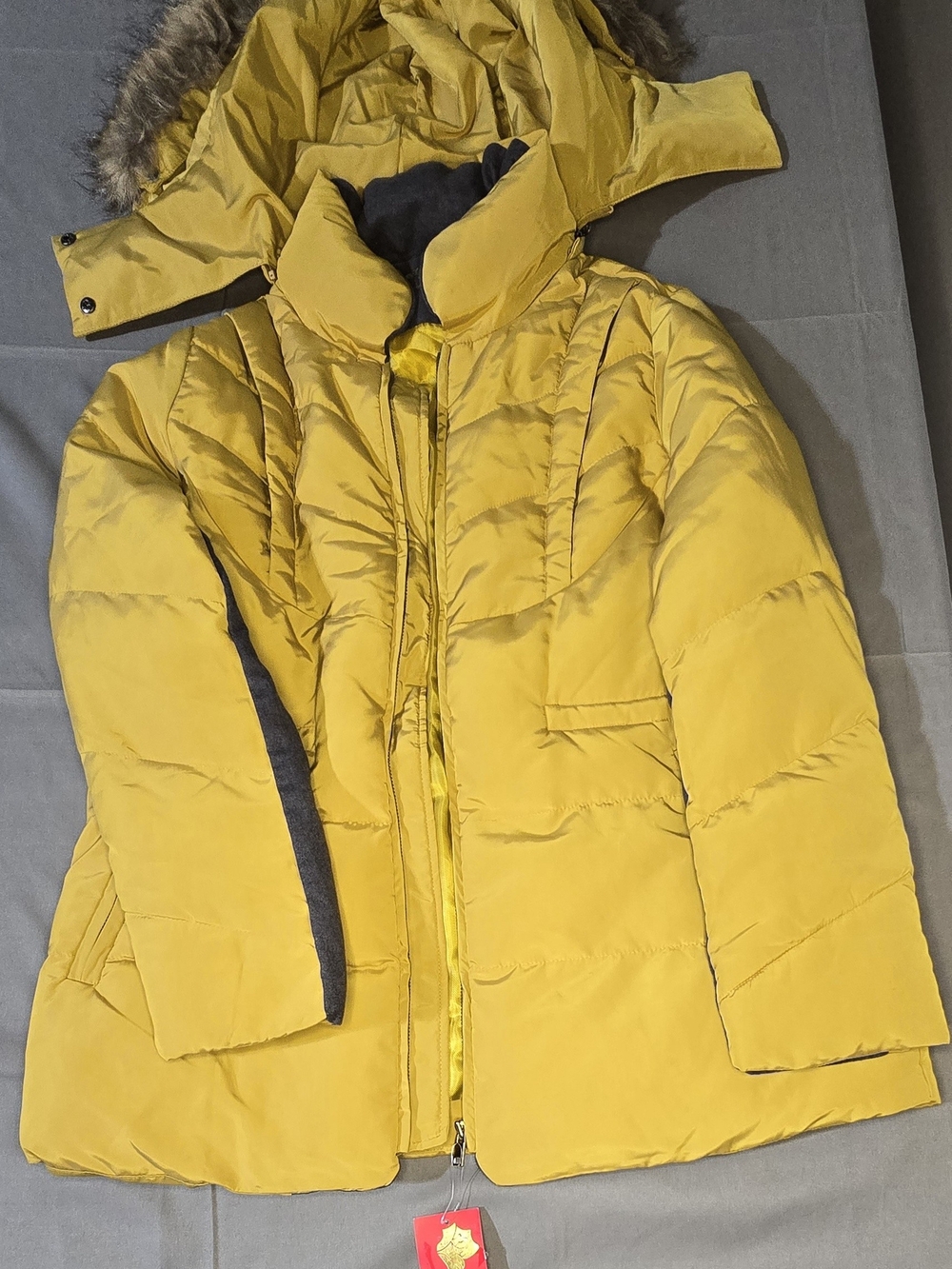 Yellow Winter Puffer Jacket with Faux Fur Hood